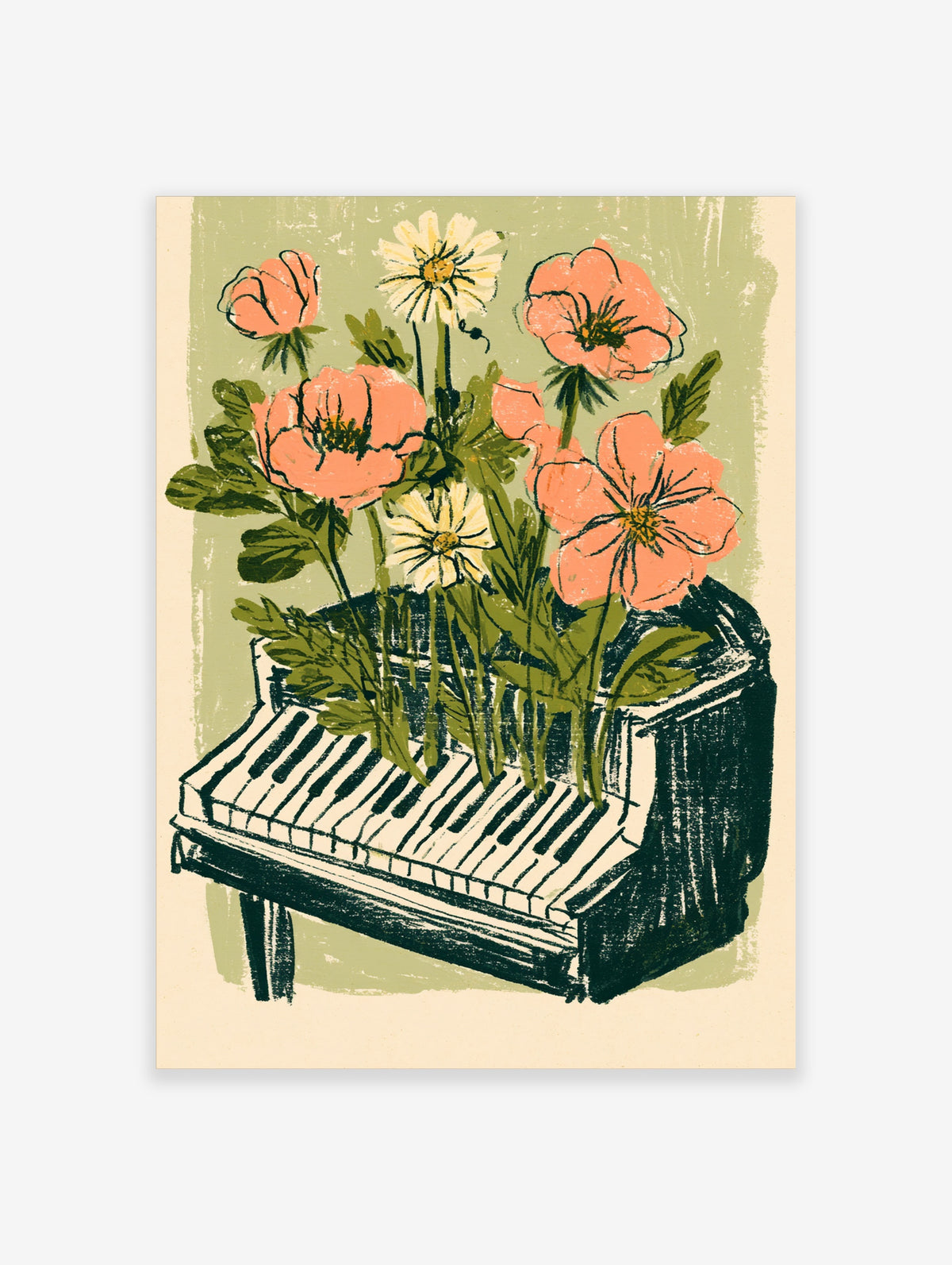 Illustrated piano with peach poppies and cream daisies growing from the keys on a sage background