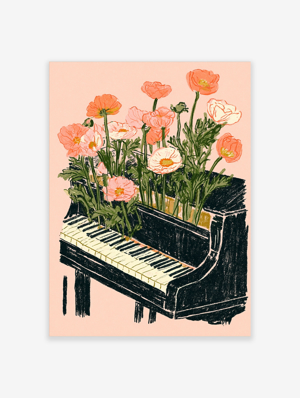 Piano flower poster with peach poppies growing from a black grand piano on a peach background