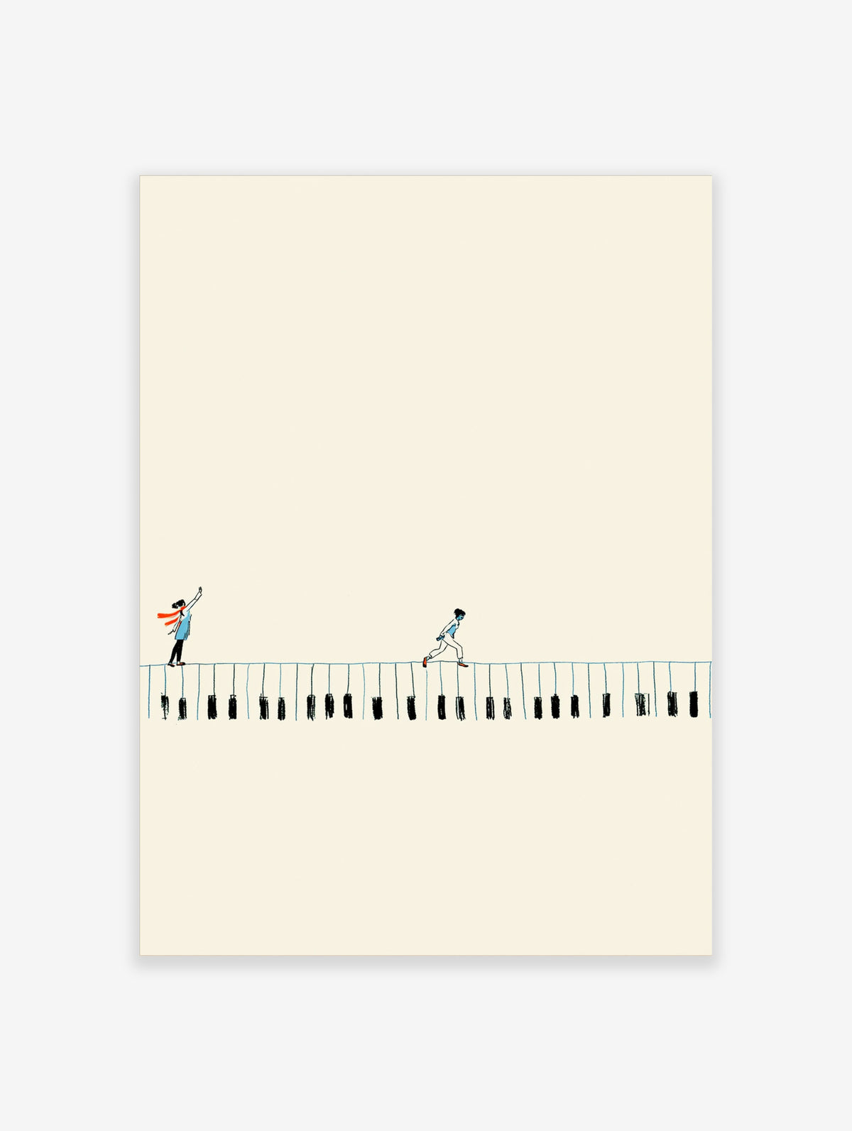 Minimalist line art poster of two figures on a piano keyboard with cream background