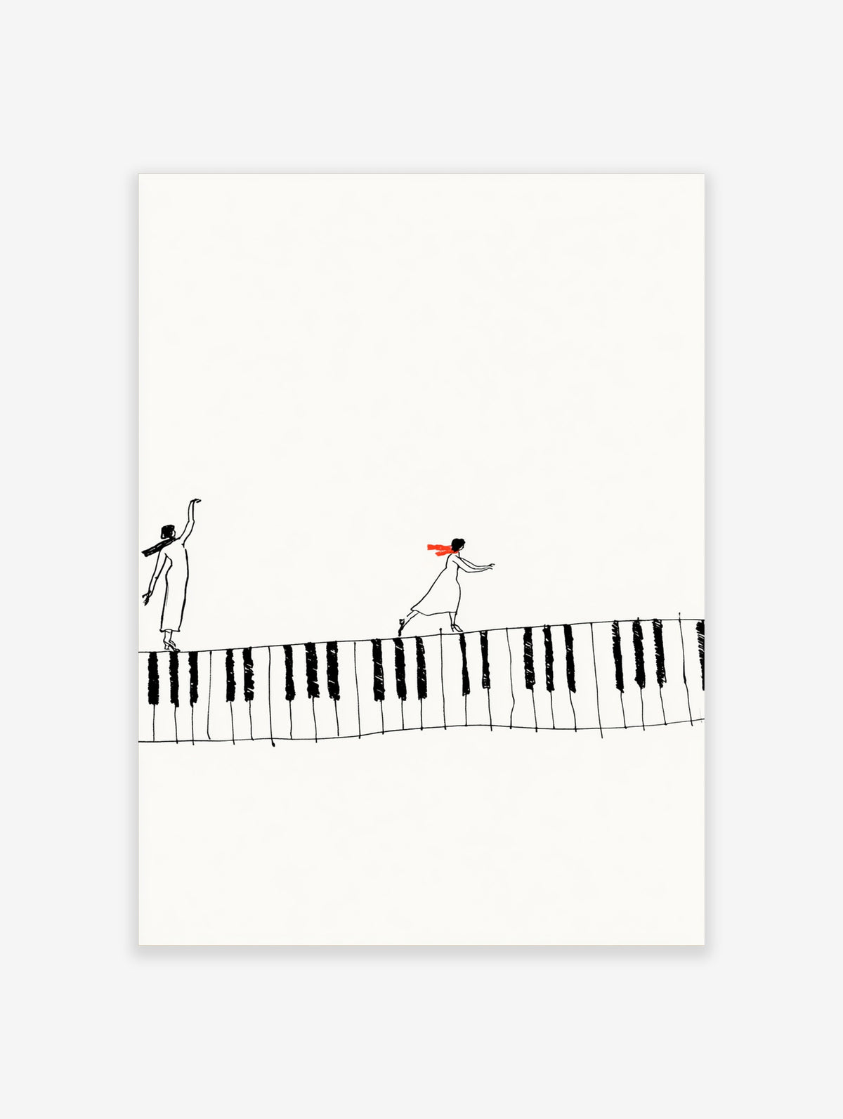 Minimalist line art print of two figures walking on a piano keyboard with a red scarf accent