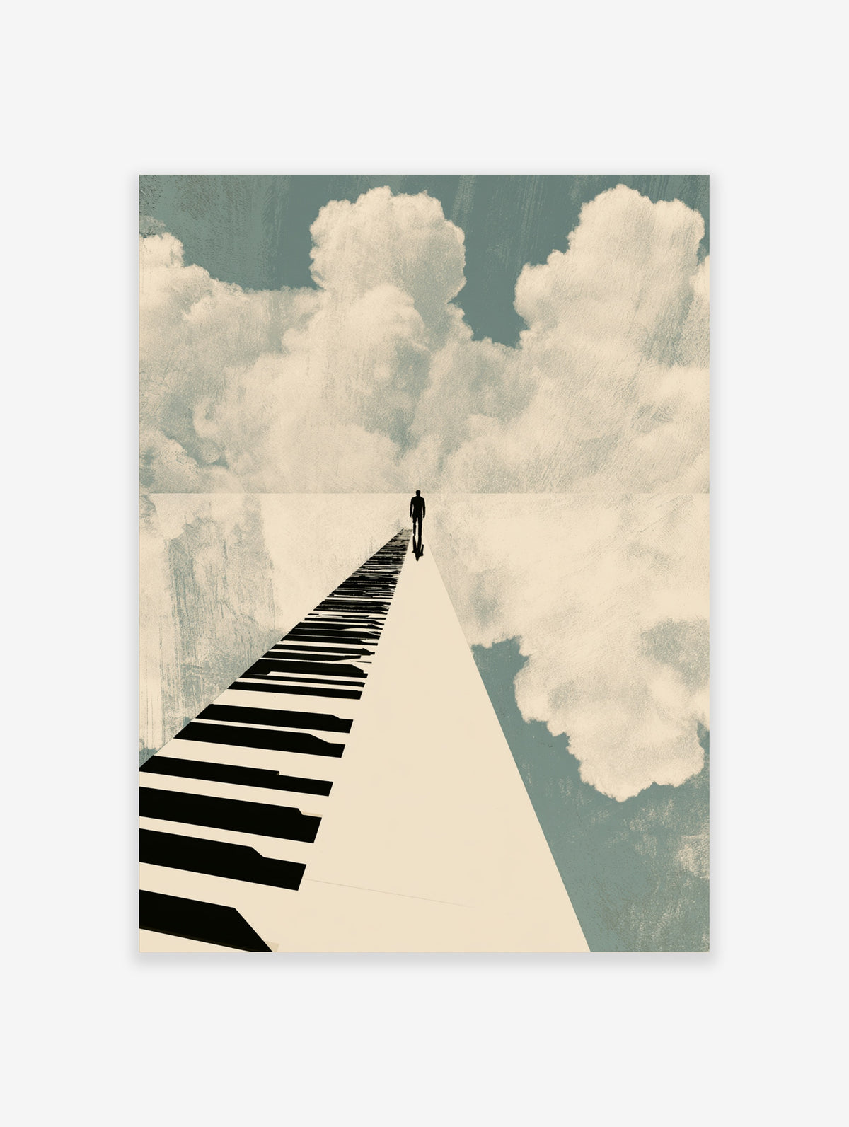 Surreal piano keyboard path art print with figure walking into clouds