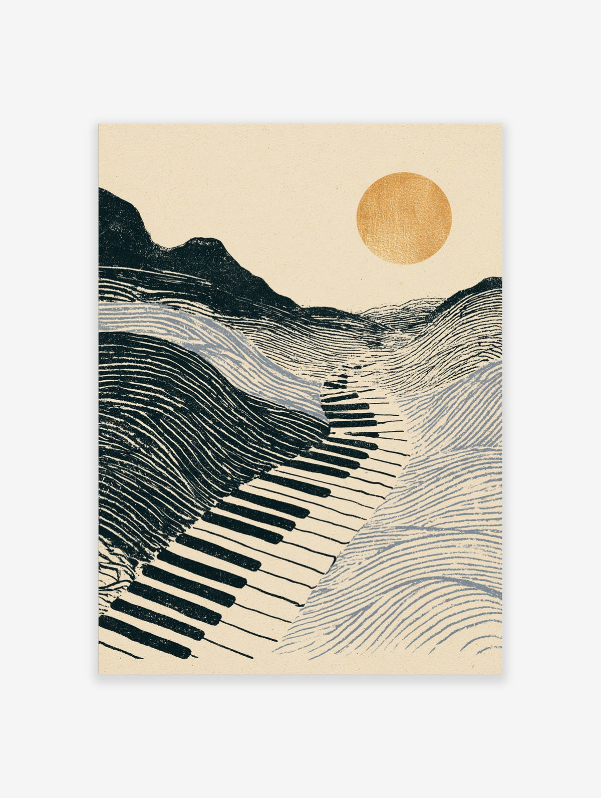 Surreal landscape art print of a piano keyboard path winding through hills towards a golden sun