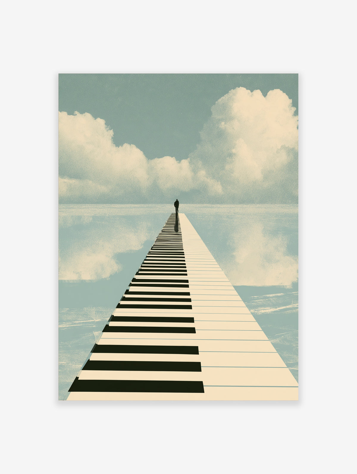 Surreal piano keyboard path art print with a lone figure walking toward clouds over calm water