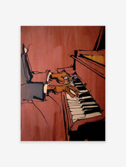 Dynamic piano player wall art illustration with bold lines and warm tones, depicting a musician's hands on the keys.