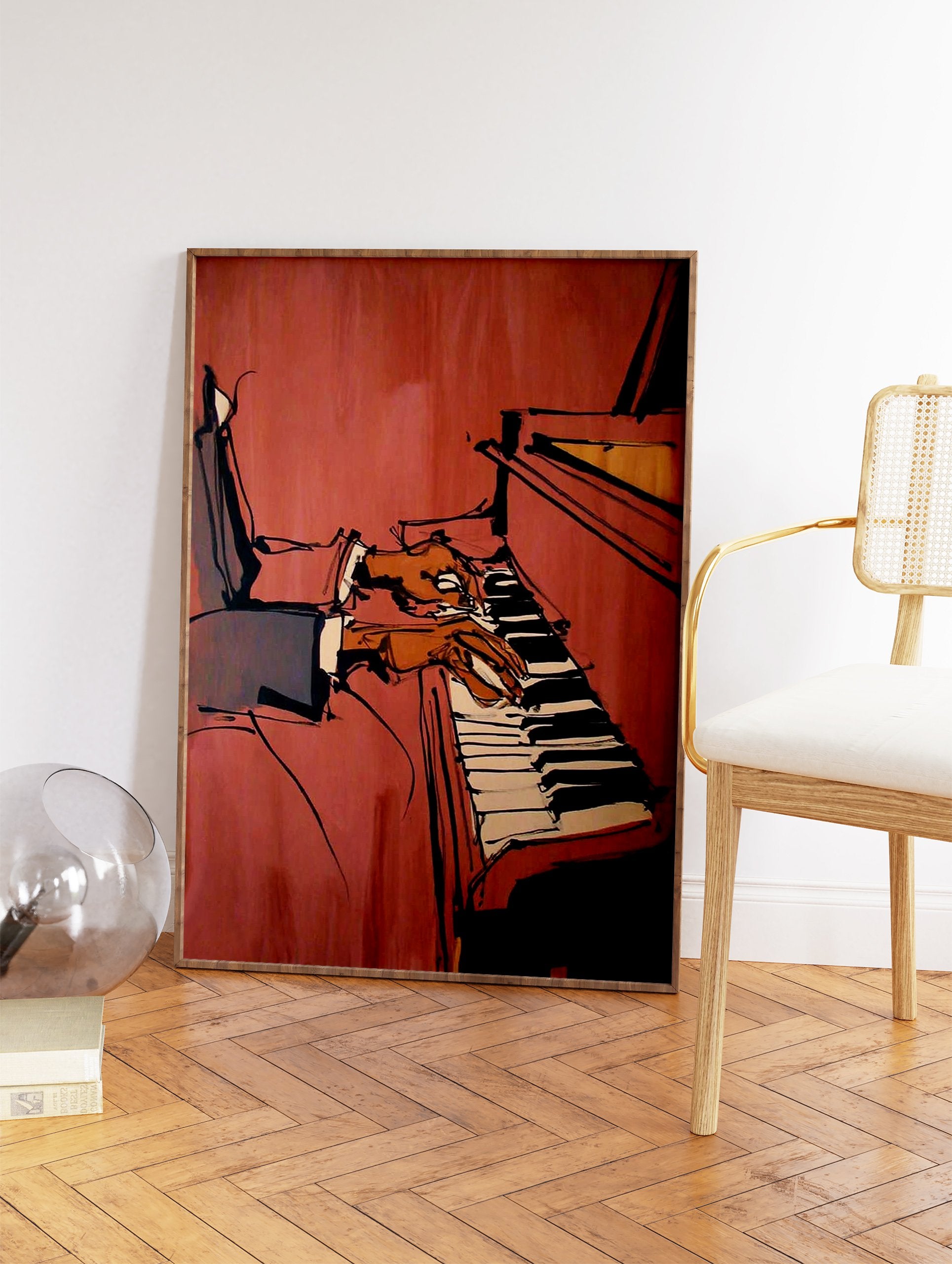Dynamic piano player wall art illustration with bold lines and warm tones, depicting a musician's hands on the keys. - Image 2