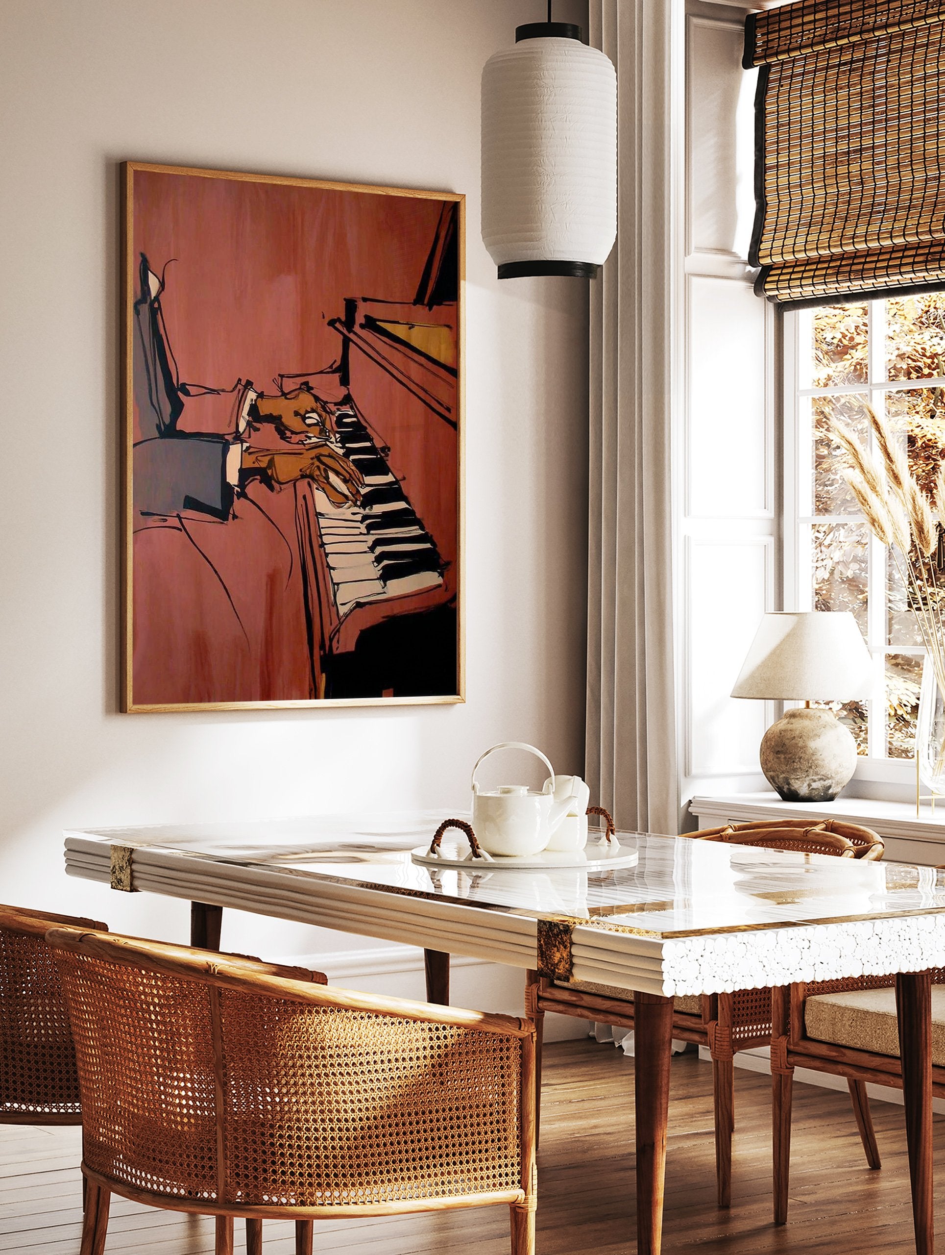 Dynamic piano player wall art illustration with bold lines and warm tones, depicting a musician's hands on the keys. - Image 3