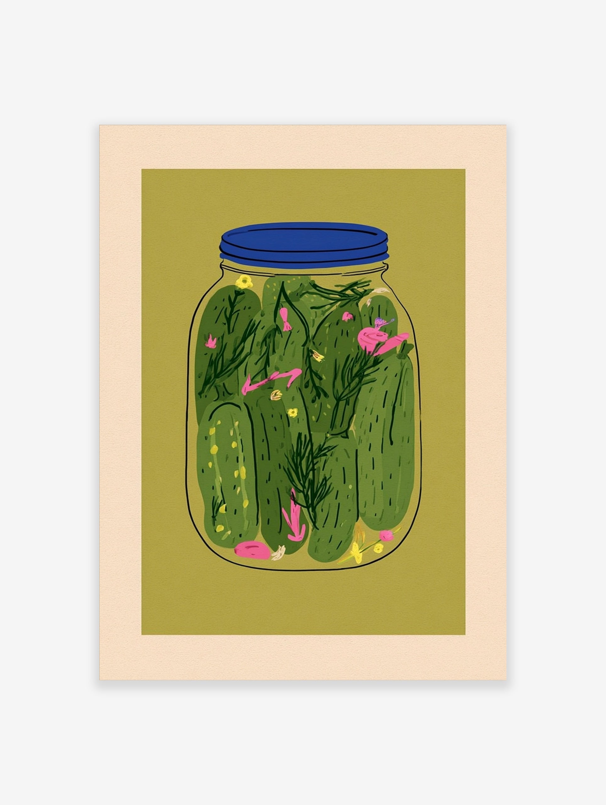 Illustrative jar of pickles with green cucumbers and dill on olive green background