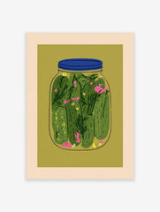 Illustrative jar of pickles with green cucumbers and dill on olive green background