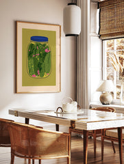 Illustrative jar of pickles with green cucumbers and dill on olive green background, in a styled room mockup