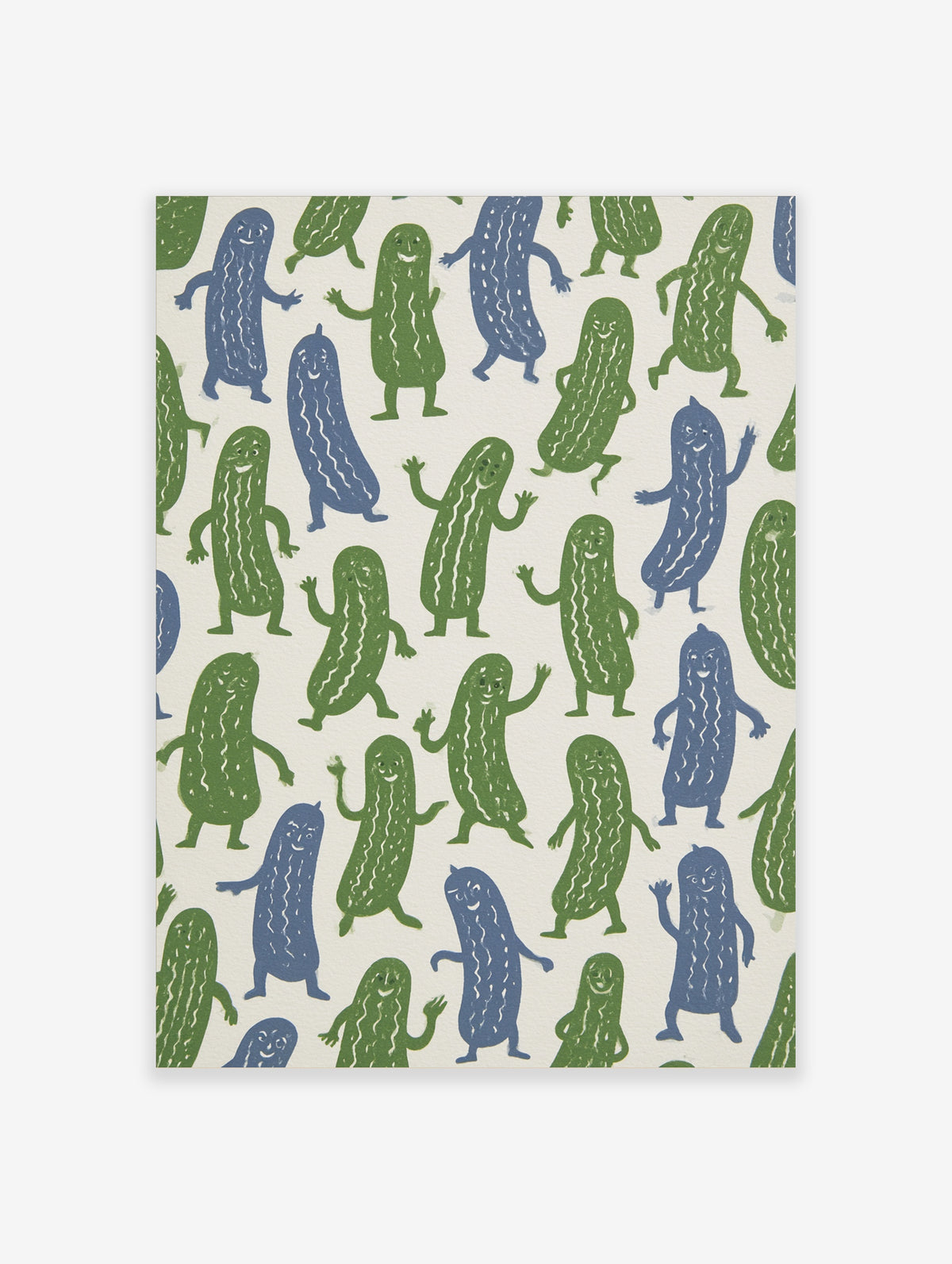 Illustrated pattern of green and blue dancing pickles with smiling faces on a cream background