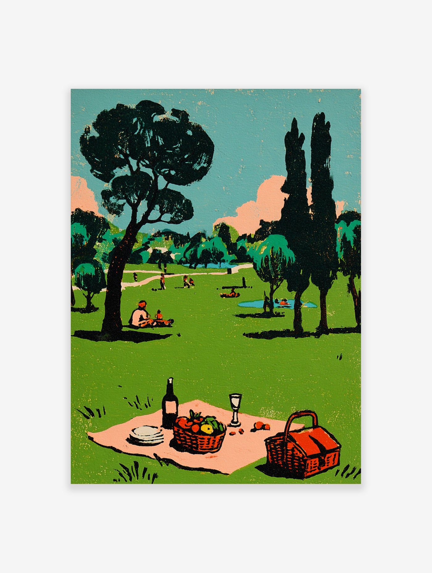 Vintage park picnic illustration with basket, wine bottle, and figures on green grass, unframed art print