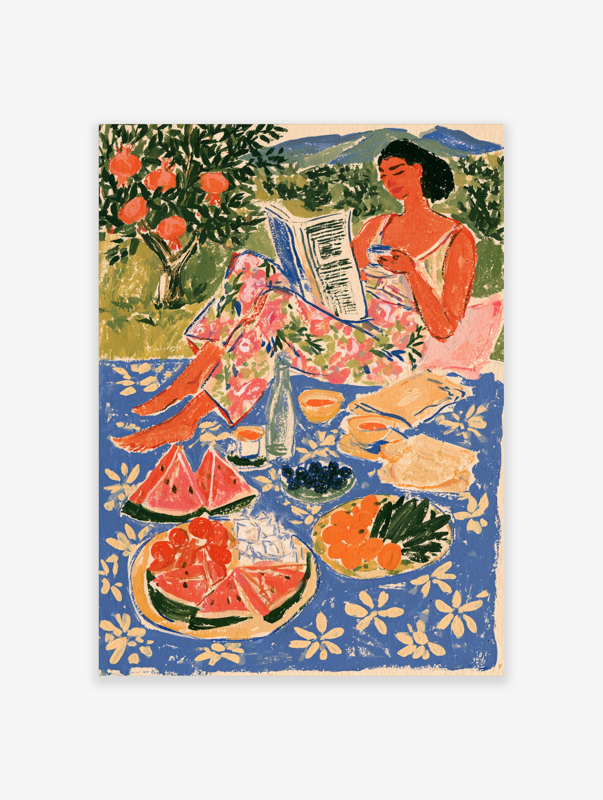 Colourful picnic poster of a woman reading under a pomegranate tree with watermelon and fruit on a blue blanket