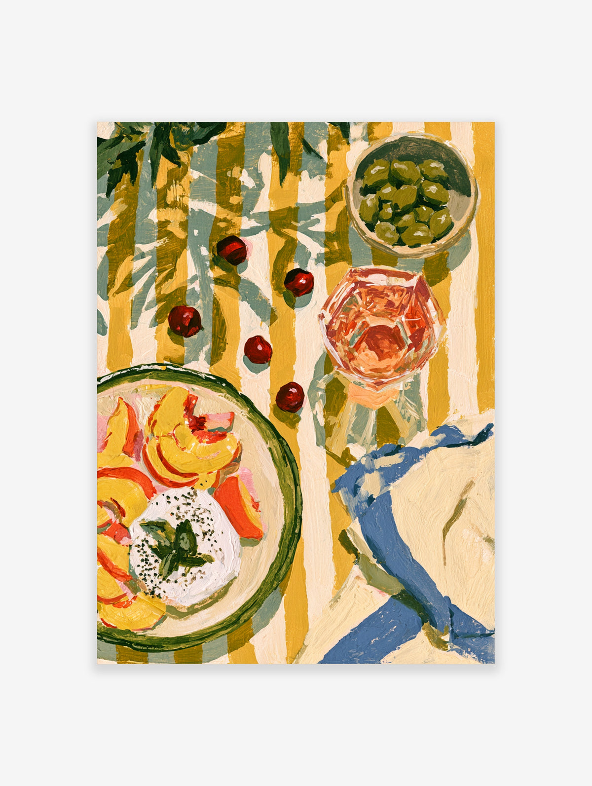 Colourful picnic table still life with peaches, olives, cherries, and rosé on striped cloth