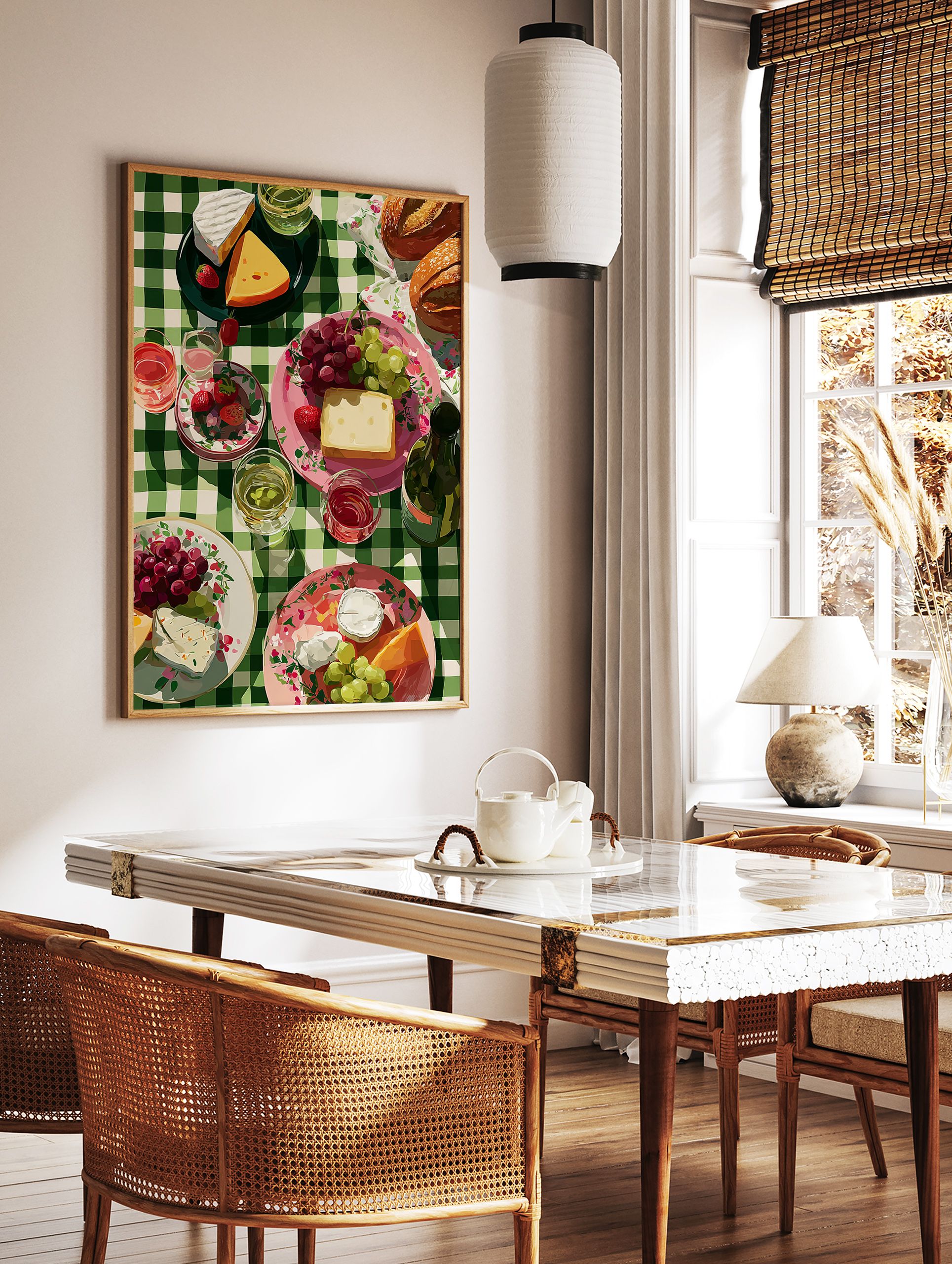 Picnic wall art illustration with cheese, grapes, strawberries, bread, and wine on a green checkered tablecloth. - Image 2