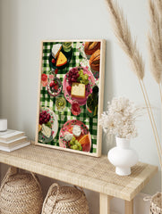 Picnic wall art illustration with cheese, grapes, strawberries, bread, and wine on a green checkered tablecloth. - Image 3