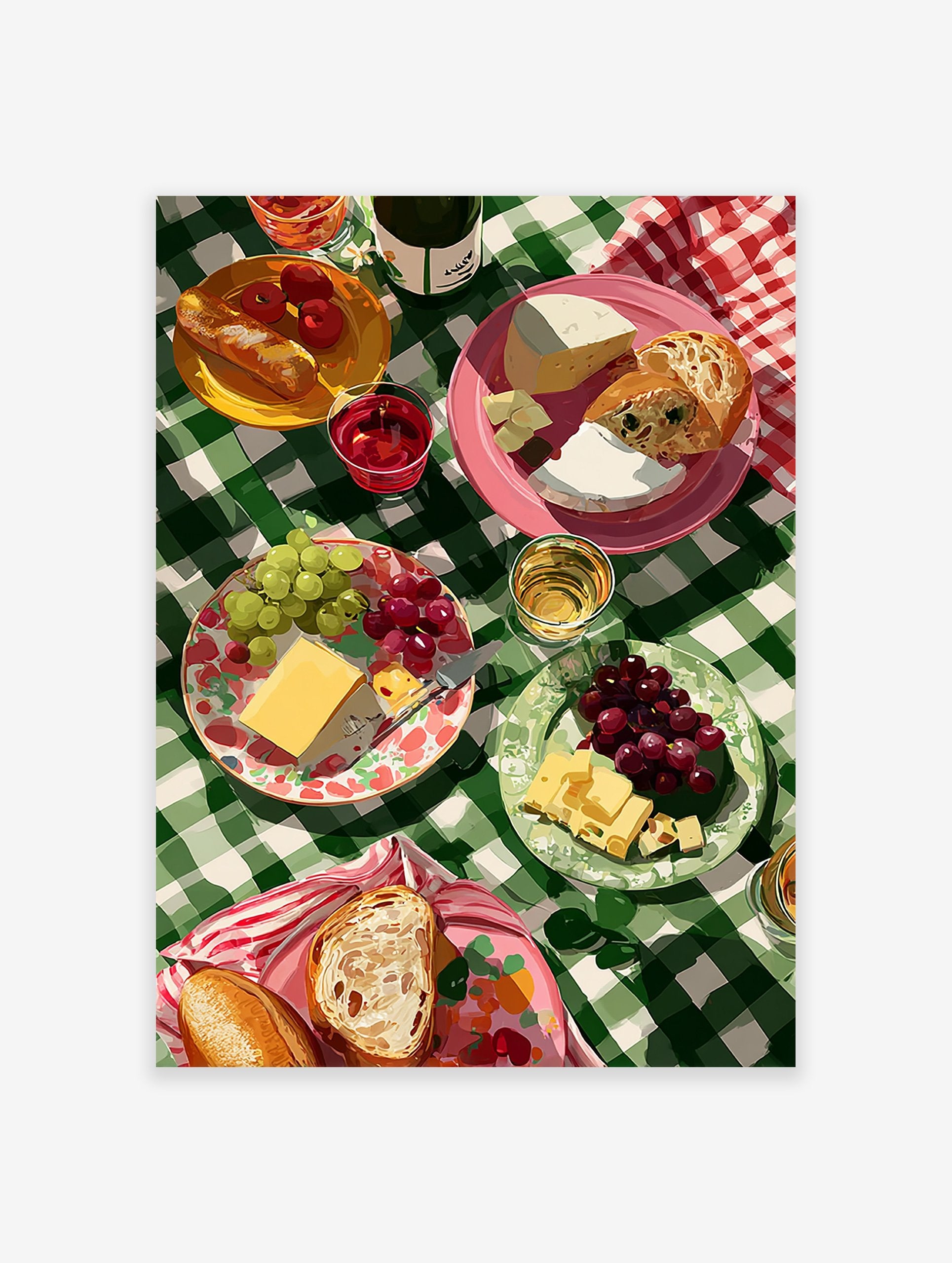 Vibrant picnic wall art illustration with cheese, grapes, bread, and drinks on a green checkered tablecloth