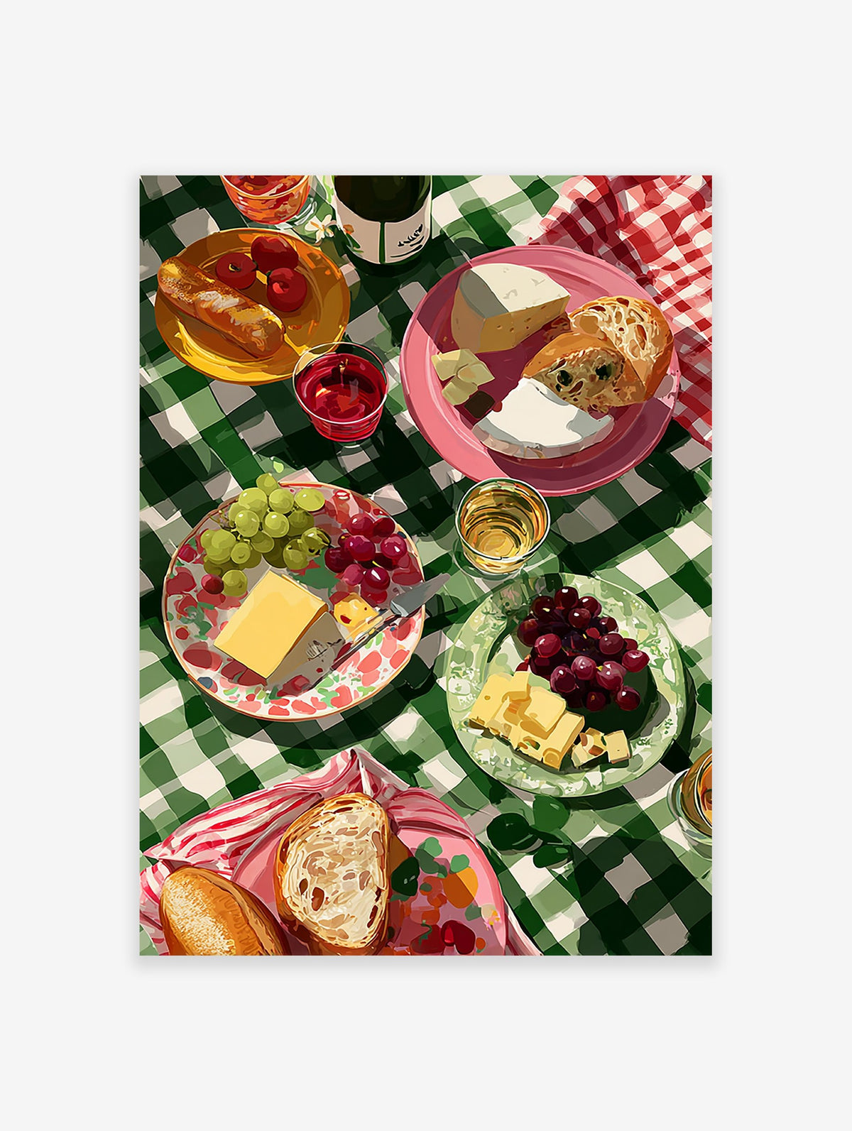 Vibrant picnic wall art illustration with cheese, grapes, bread, and drinks on a green checkered tablecloth