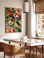 Vibrant picnic wall art illustration with cheese, grapes, bread, and drinks on a green checkered tablecloth - Image 2