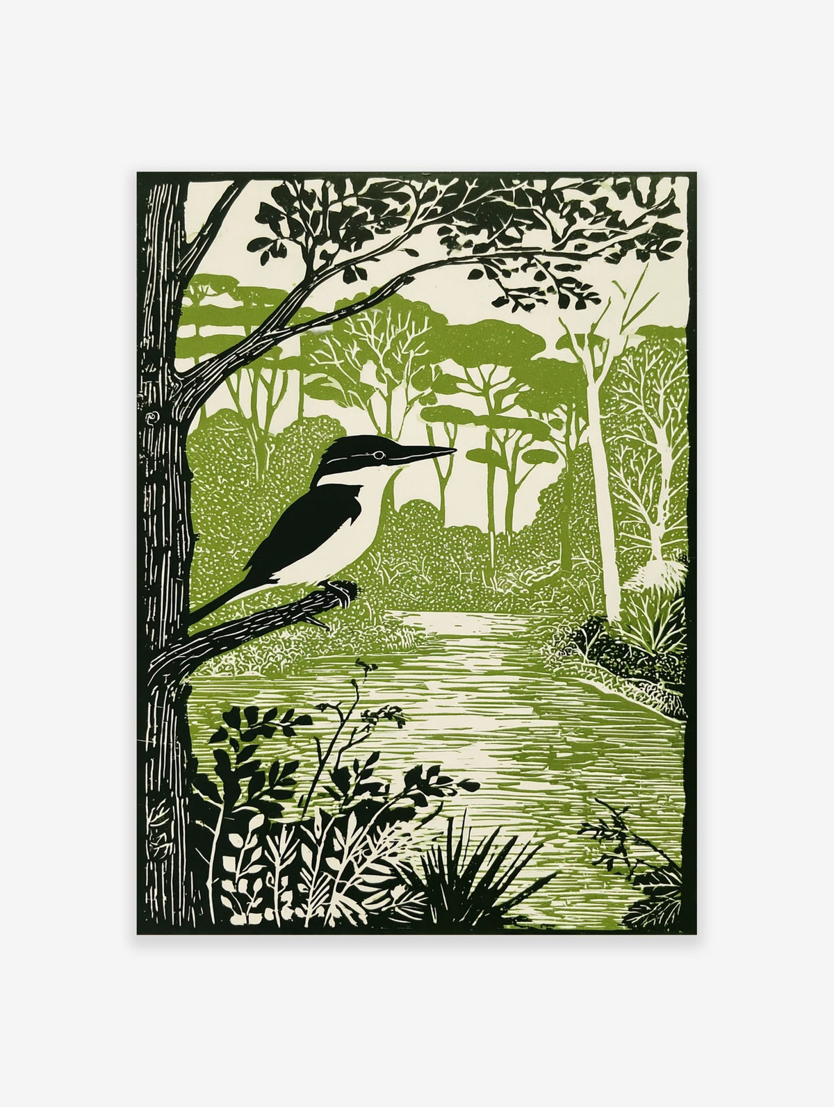 Illustrative green and white print of a pied kingfisher on a branch by a river with dense foliage