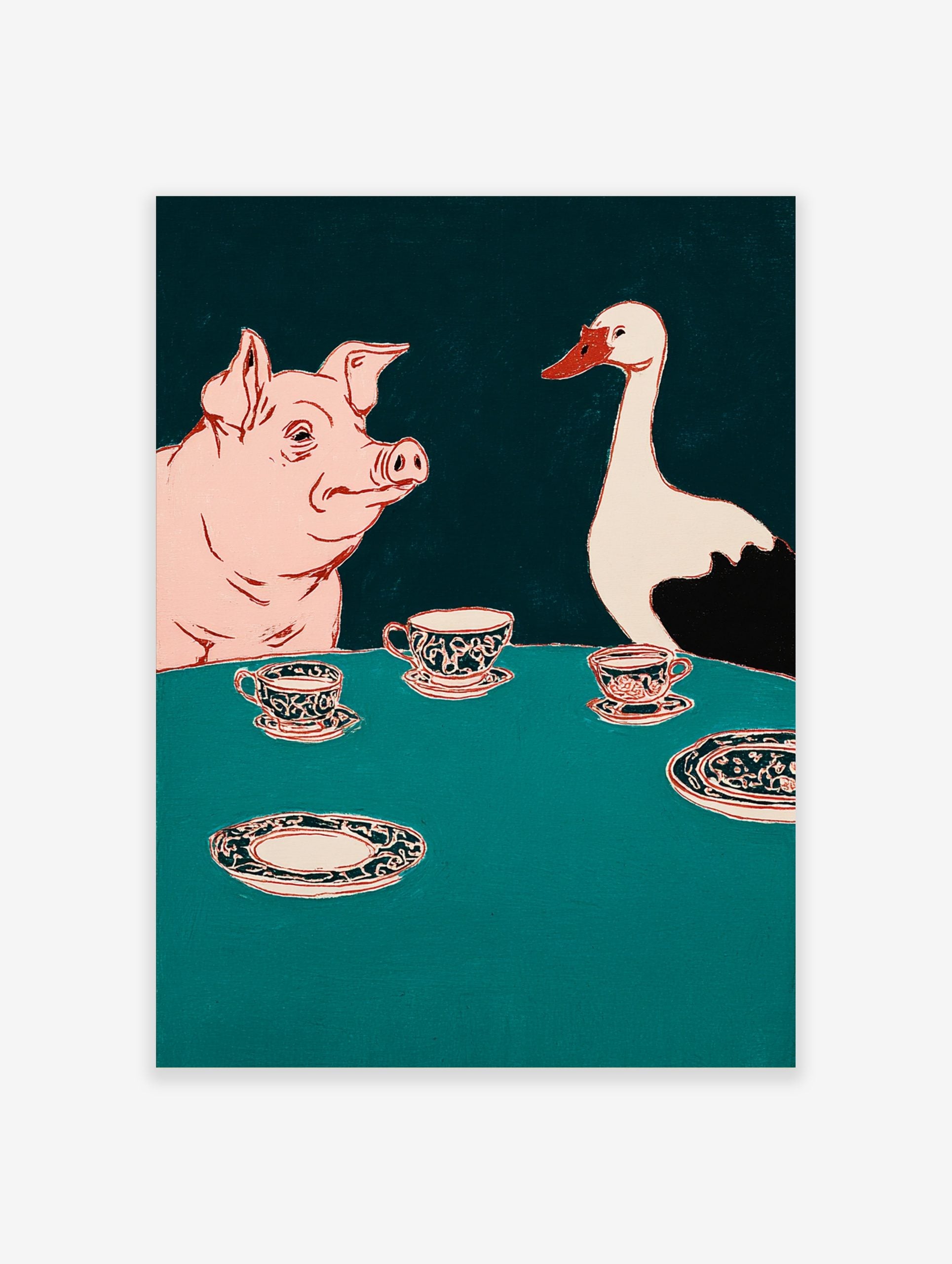 Illustrative wall art of a pink pig and white goose at a teal table with ornate teacups