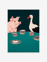 Illustrative wall art of a pink pig and white goose at a teal table with ornate teacups