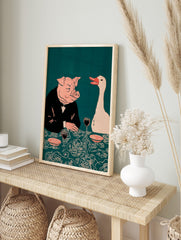 Illustrative print of a pig in a suit and a white goose at a dinner table with wine, on a, in an alternate framed mockup