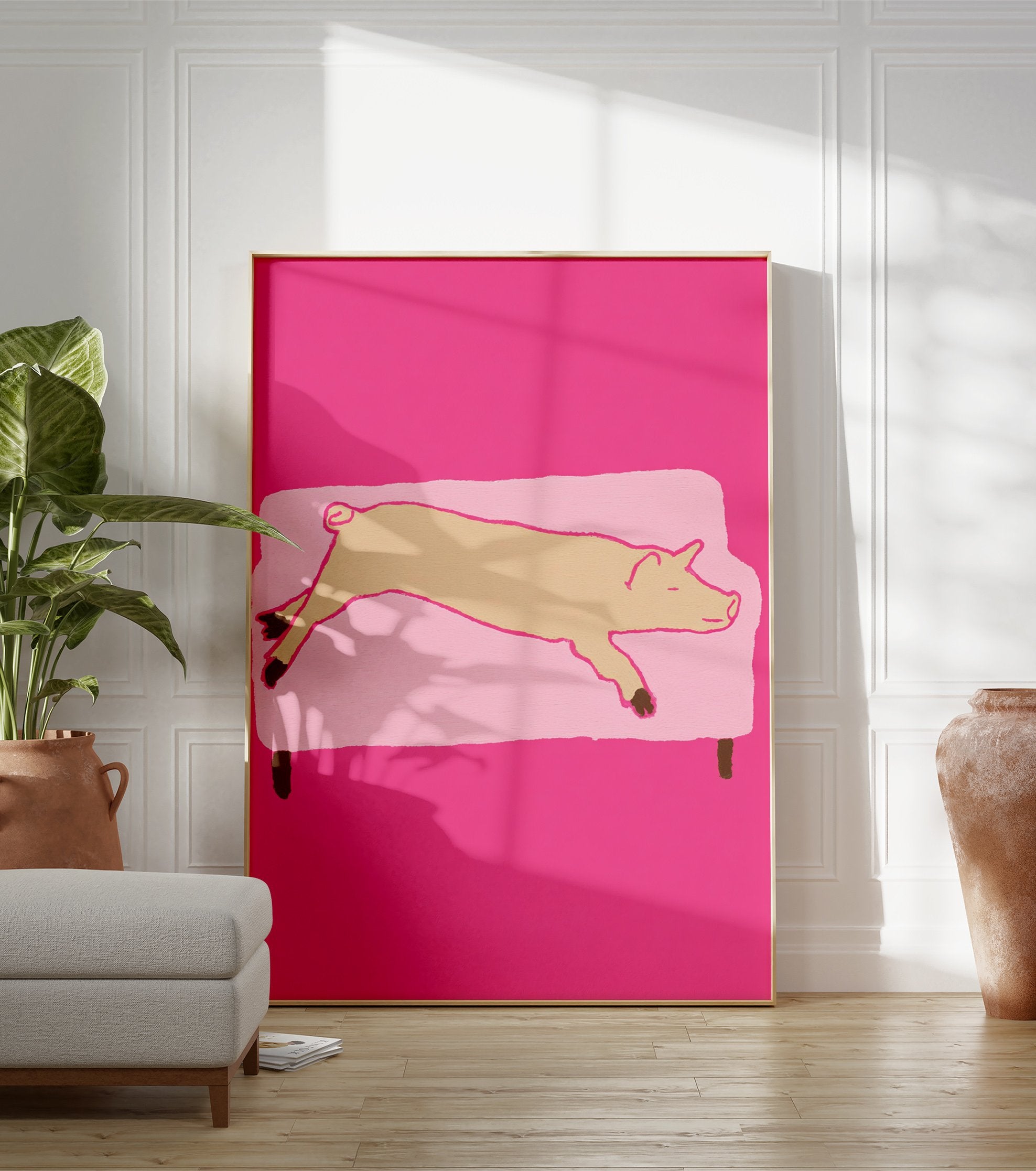 Whimsical pig wall art illustration showing a light brown pig sleeping on a light pink couch against a vibrant pink background. - Image 3