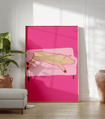 Whimsical pig wall art illustration showing a light brown pig sleeping on a light pink couch against a vibrant pink background. - Image 3