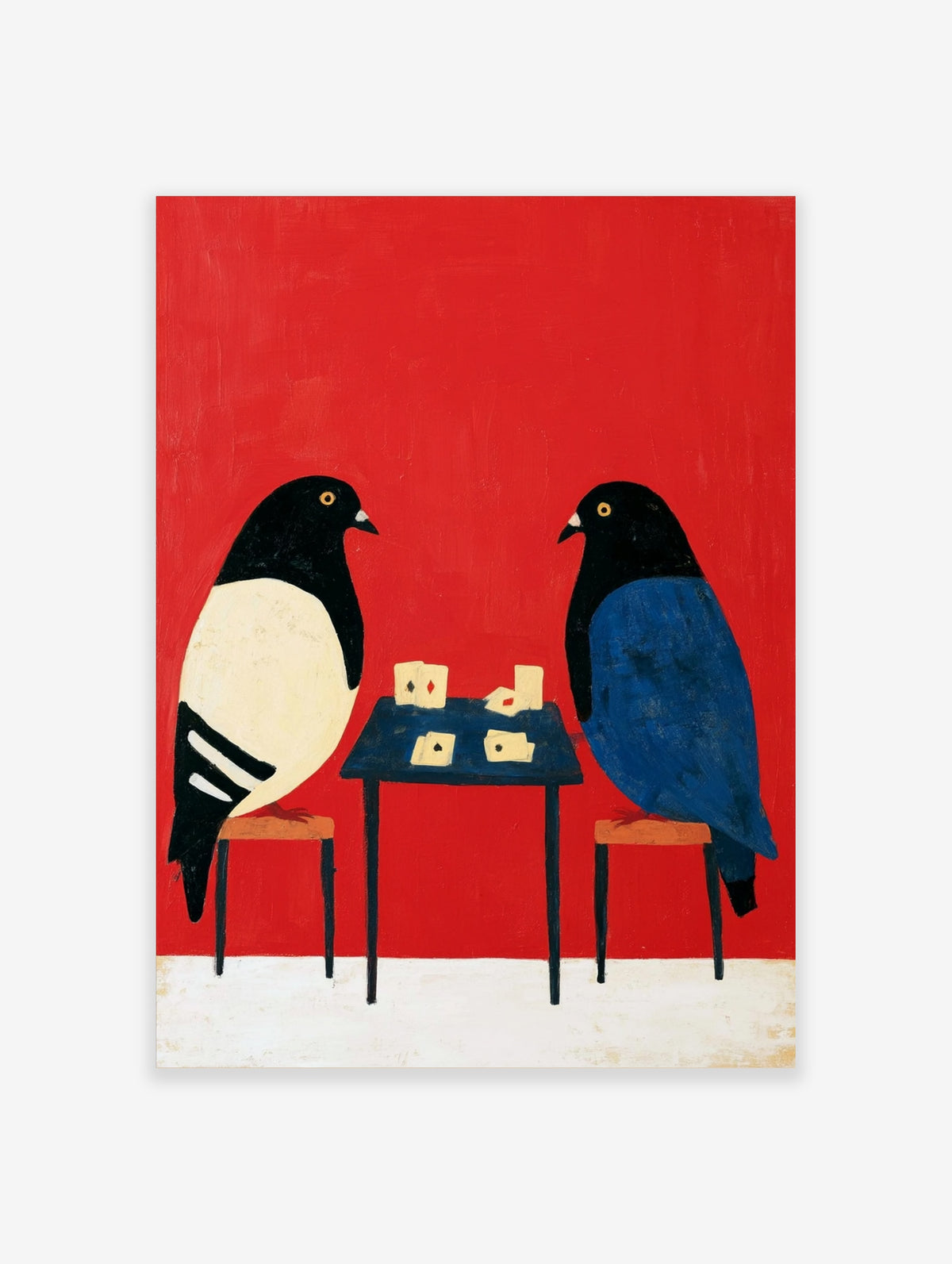 Stylised illustration of two pigeons playing cards on a small table against a solid vibrant red background