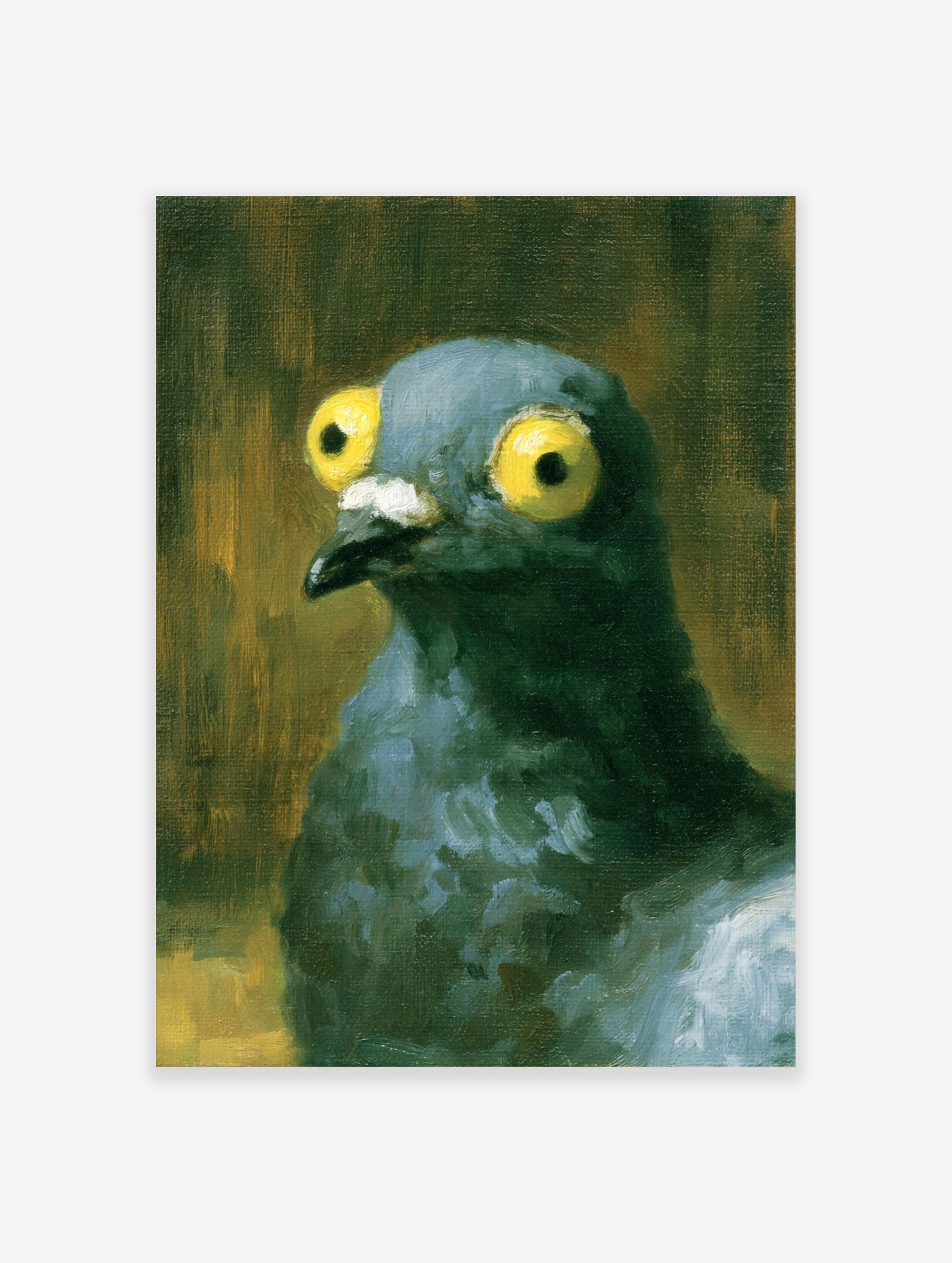 Close-up illustrative painting of a pigeon with large yellow eyes against a dark, textured background