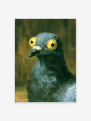 Close-up illustrative painting of a pigeon with large yellow eyes against a dark, textured background