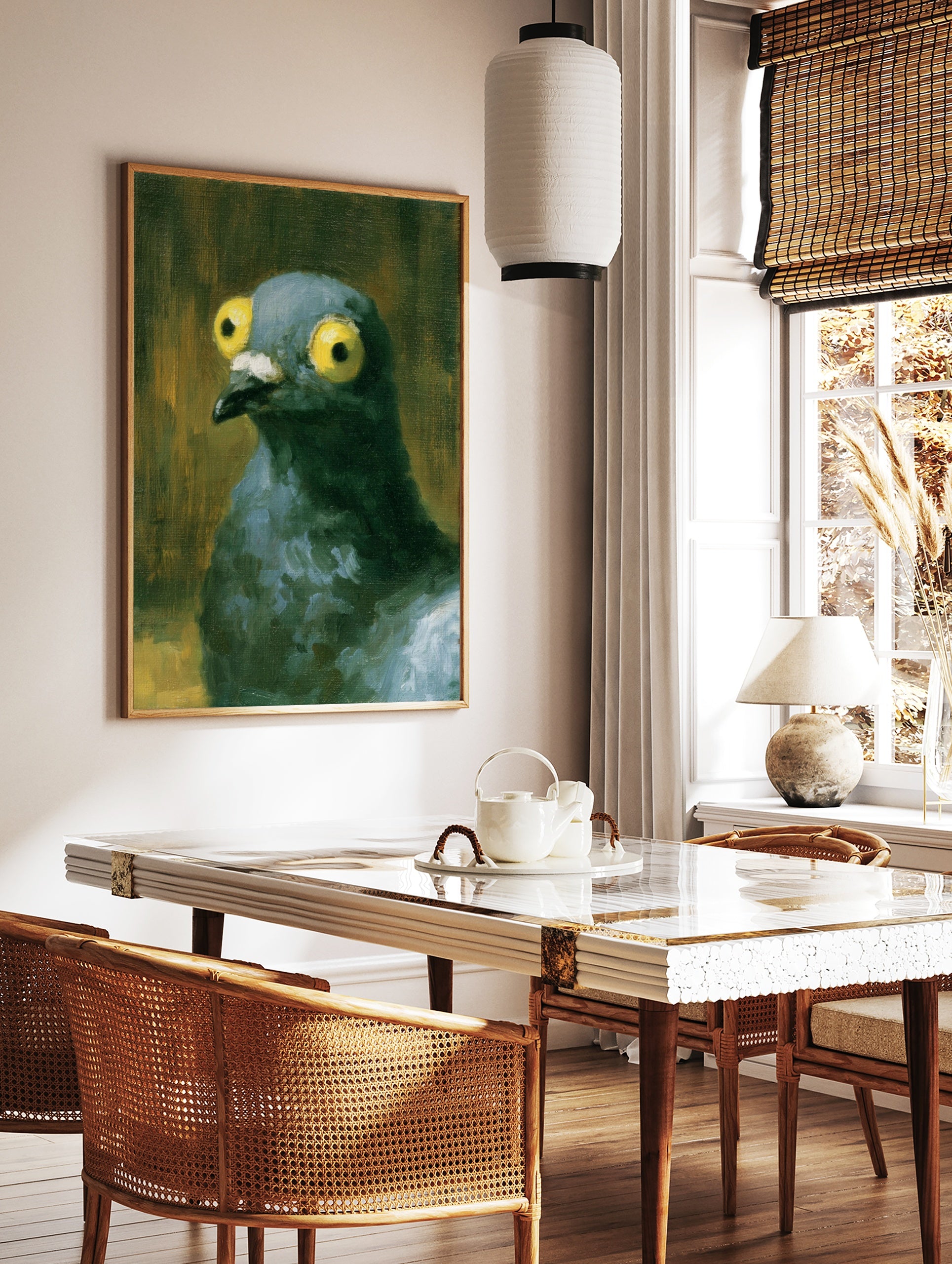 Close-up illustrative painting of a pigeon with large yellow eyes against a dark, textured, in a styled room mockup
