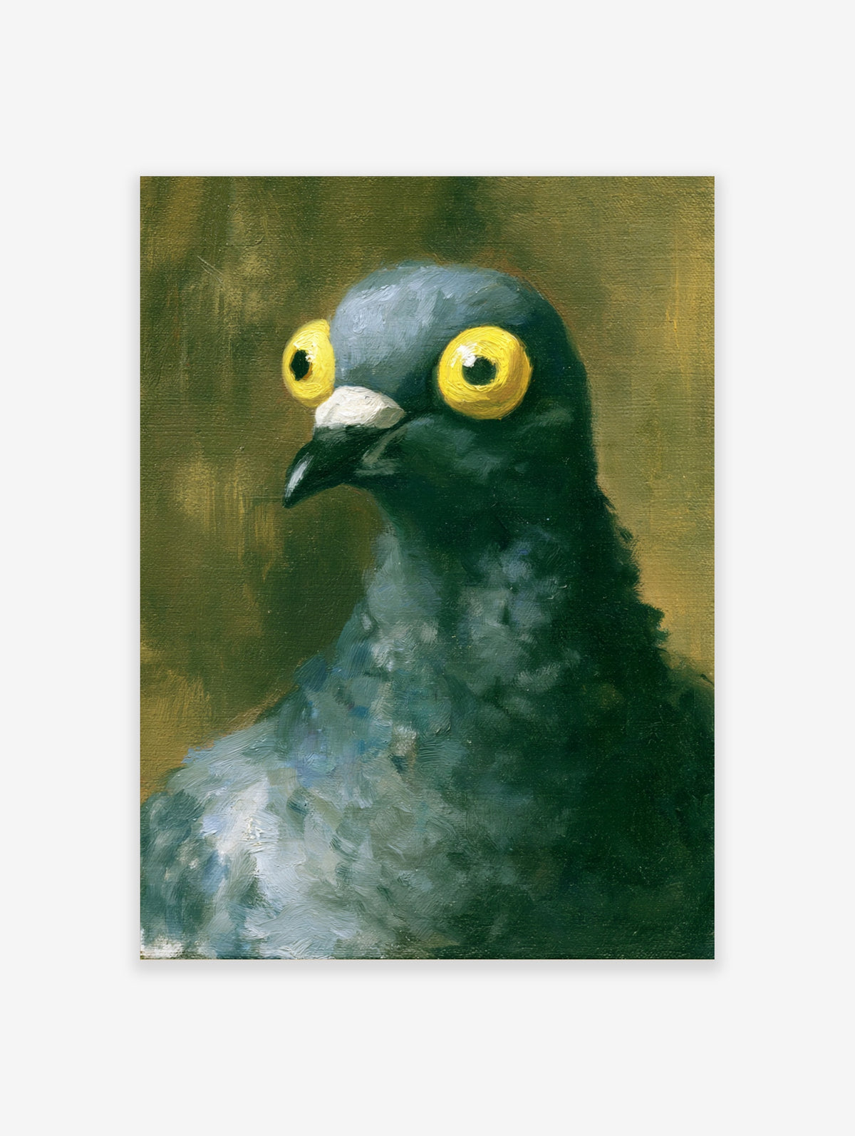 Close-up painting of a pigeon with large yellow eyes and textured dark feathers against a muted khaki background