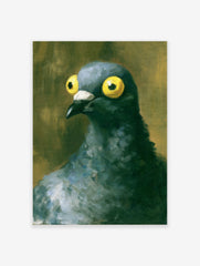 Close-up painting of a pigeon with large yellow eyes and textured dark feathers against a muted khaki background