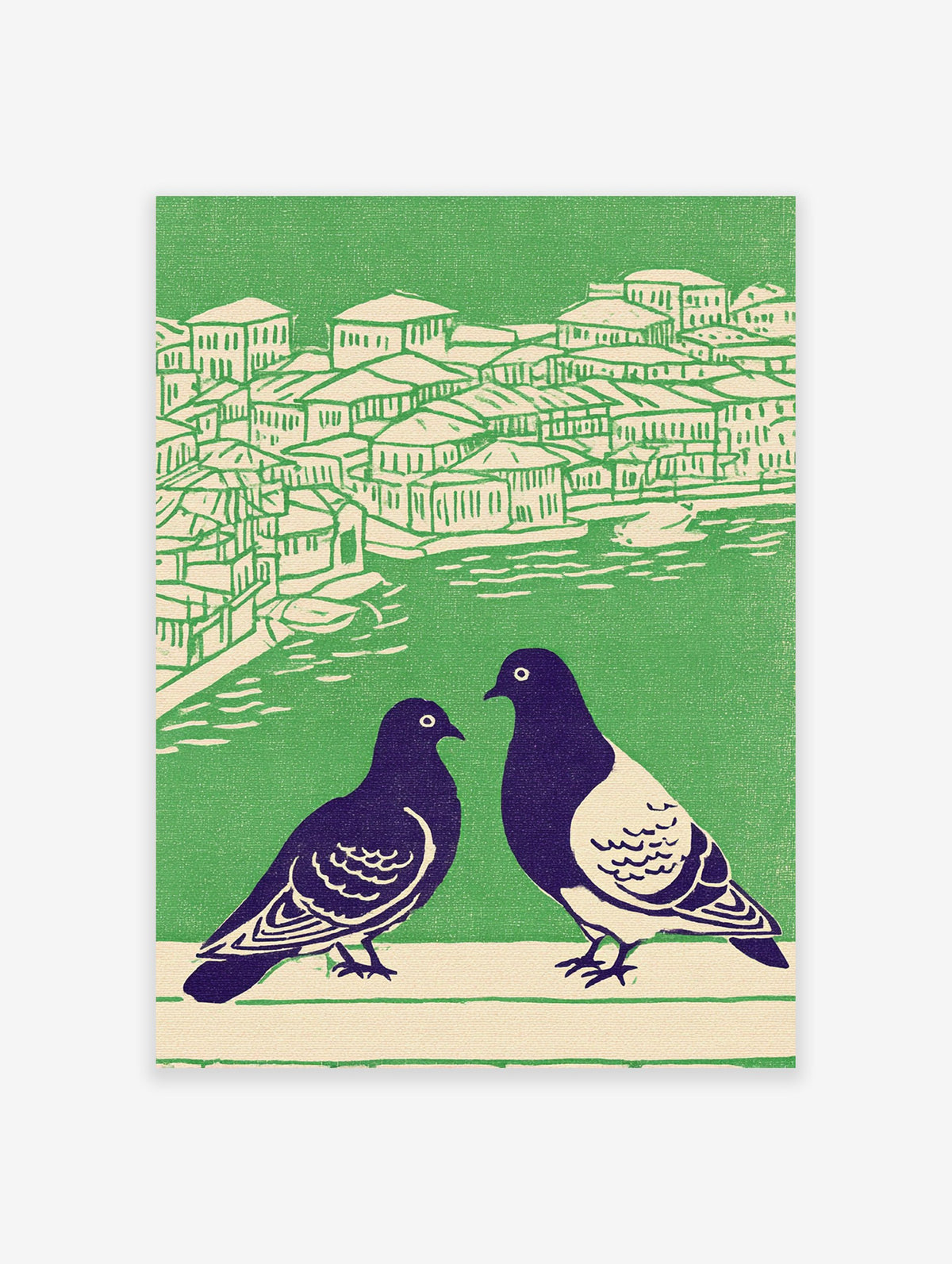 Illustrated pigeon wall art showing two dark birds in foreground, with green and cream cityscape and water in background.