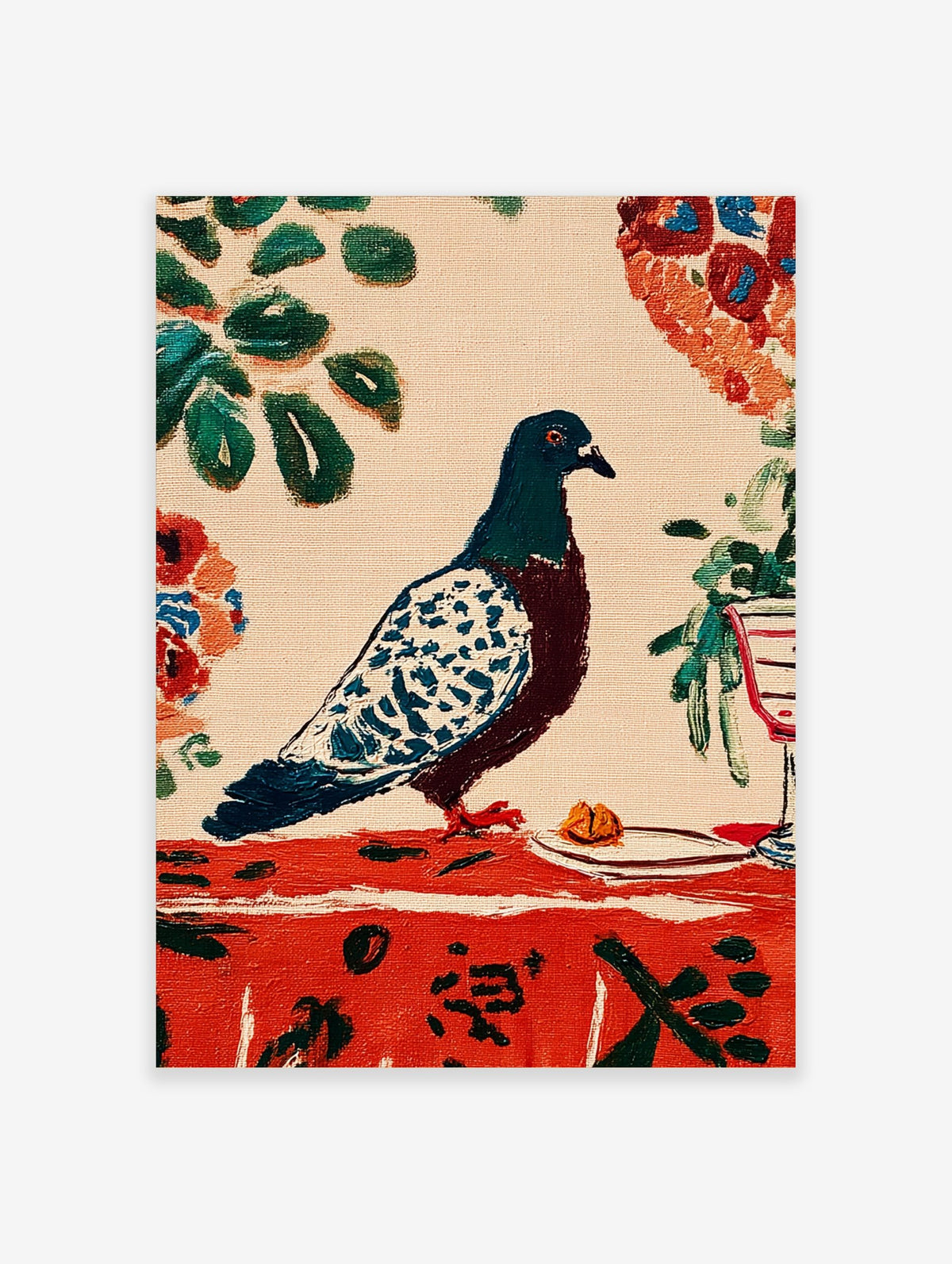 Illustrative pigeon bird art print with dark teal, brown, and white spotted feathers, on a red tablecloth