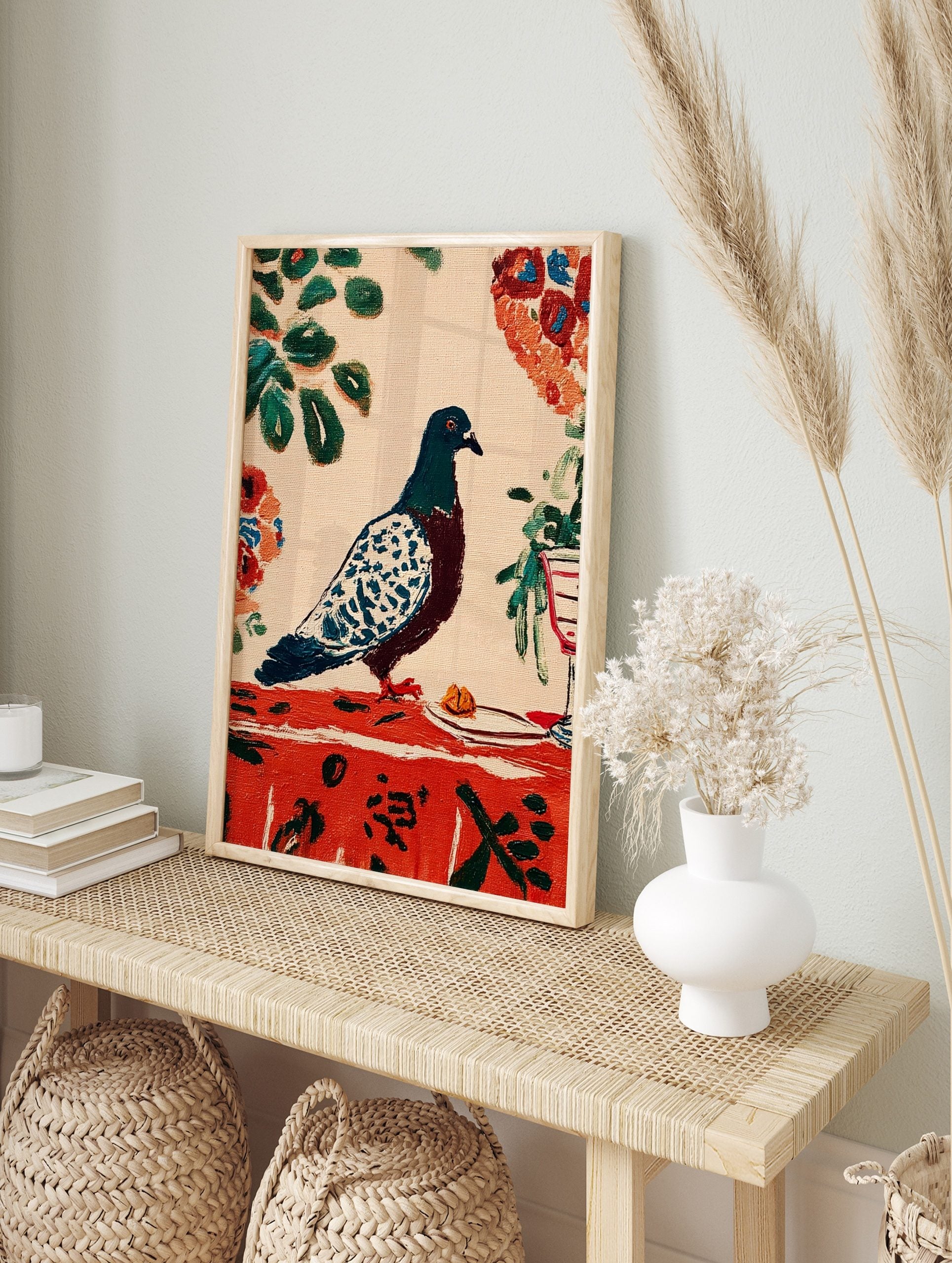 Illustrative pigeon bird art print with dark teal, brown, and white spotted feathers, on a, in an alternate framed mockup