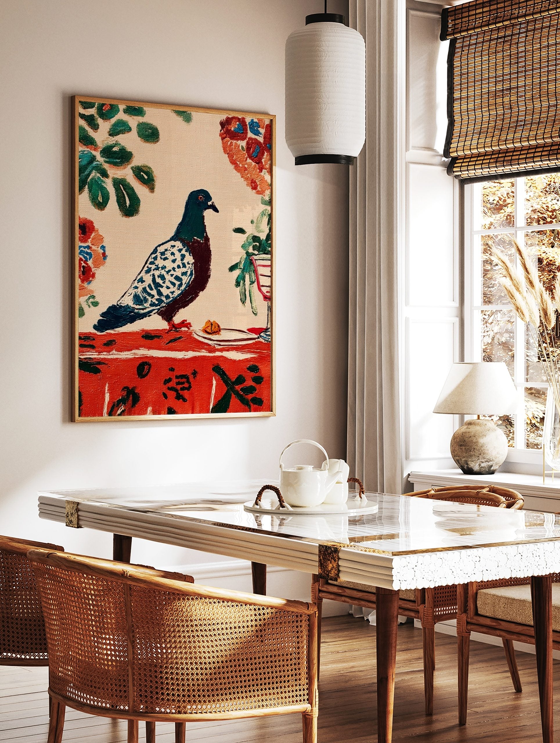 Illustrative pigeon bird art print with dark teal, brown, and white spotted feathers, on a red, in a styled room mockup