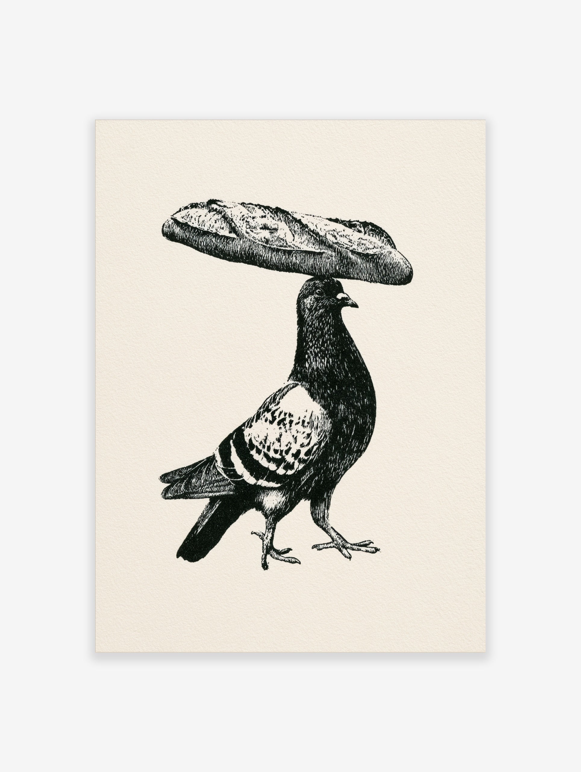 Black and white illustrative art print of a pigeon balancing a baguette on its head on a cream background