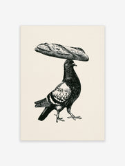 Black and white illustrative art print of a pigeon balancing a baguette on its head on a cream background