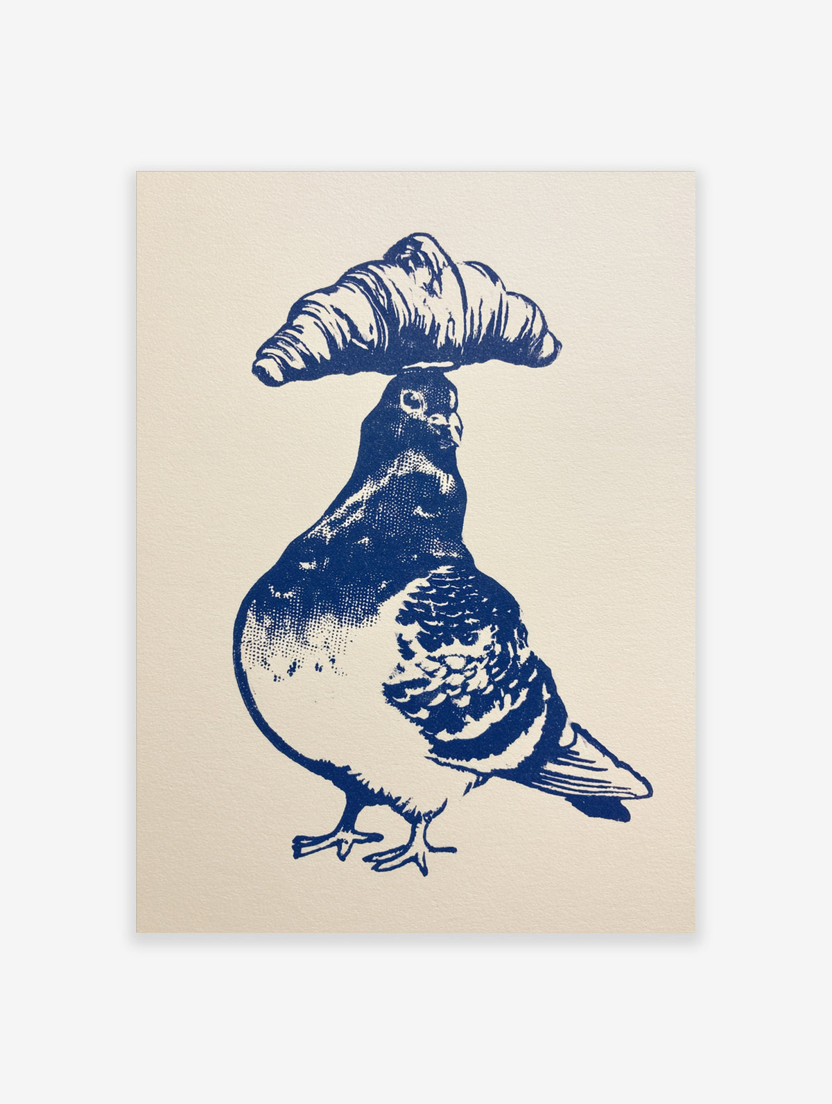 Blue illustration of a pigeon with a croissant balanced on its head on a neutral background