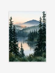 Watercolor-style misty pine forest landscape with sunrise reflecting on a calm lake, vertical orientation