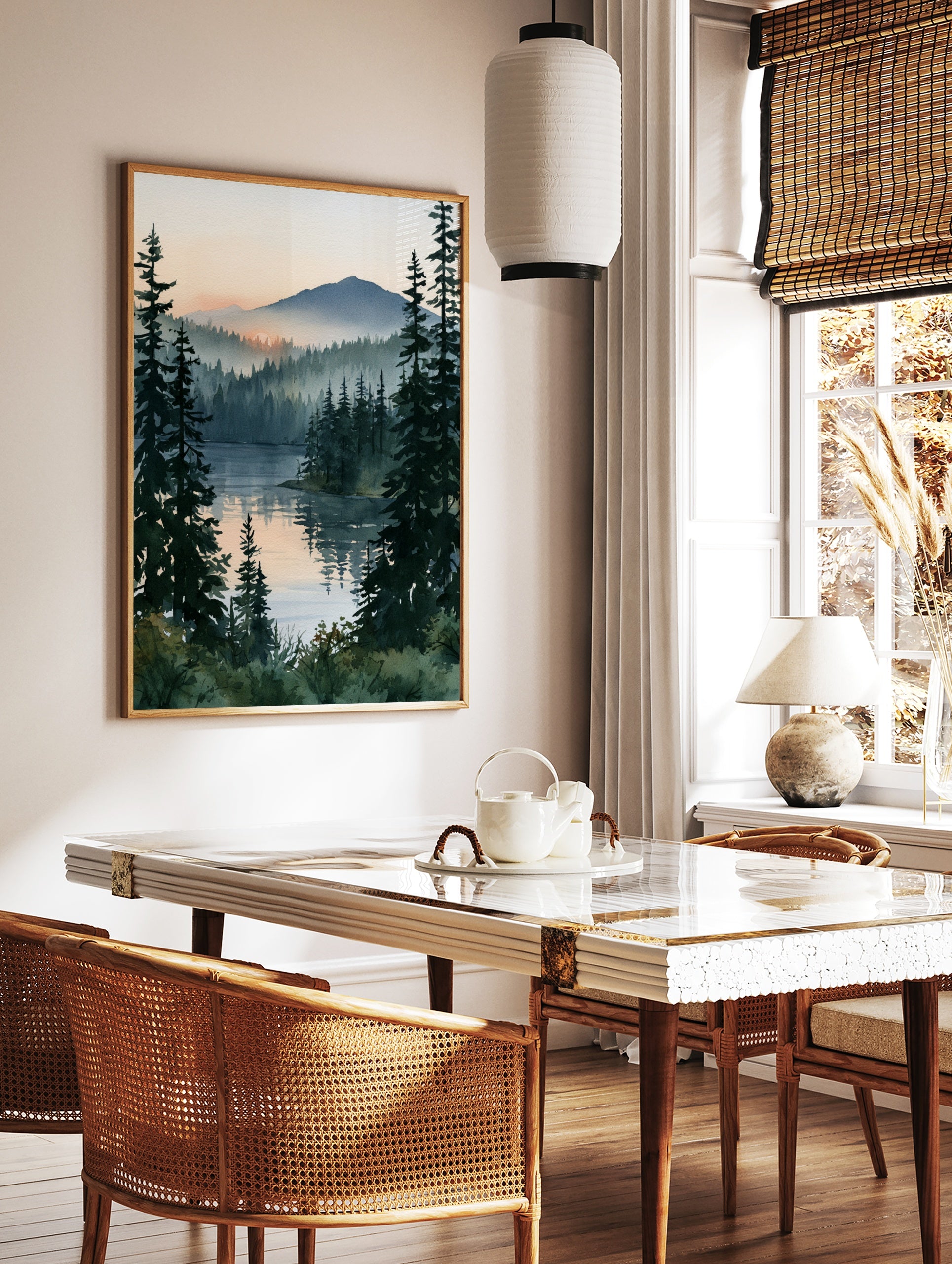 Watercolor-style misty pine forest landscape with sunrise reflecting on a calm lake, vertical, in a styled room mockup