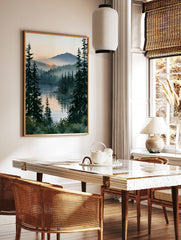 Watercolor-style misty pine forest landscape with sunrise reflecting on a calm lake, vertical, in a styled room mockup