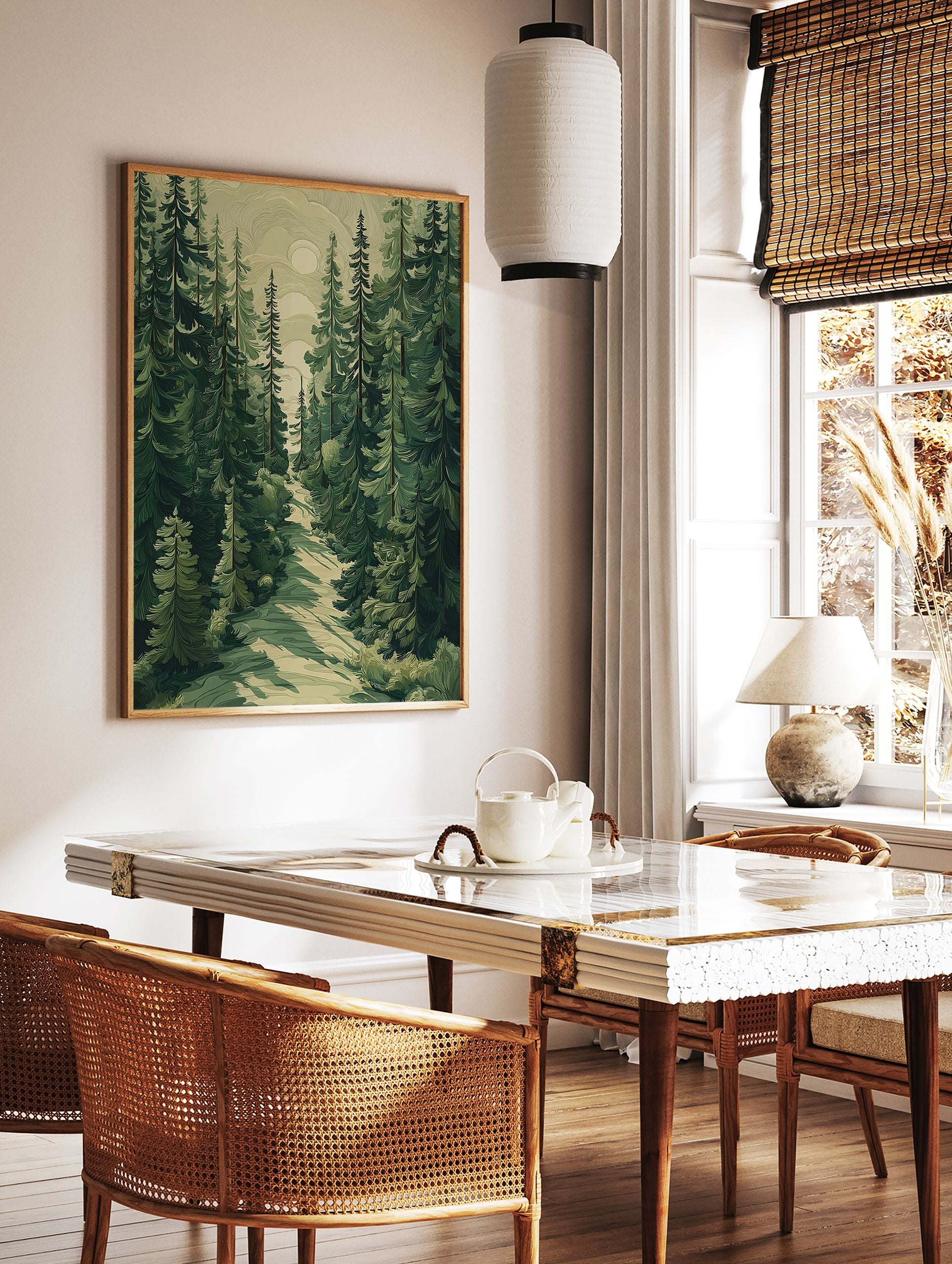 Poster of a stylized green pine forest with a winding path and a soft moon in the sky, illustrating a serene woodland scene. - Image 2