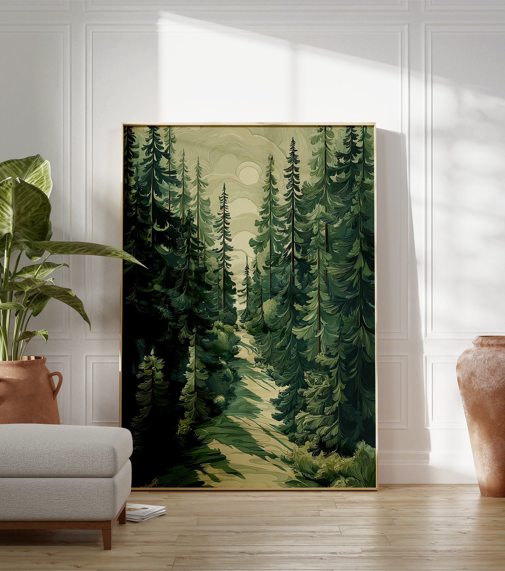 Poster of a stylized green pine forest with a winding path and a soft moon in the sky, illustrating a serene woodland scene. - Image 3