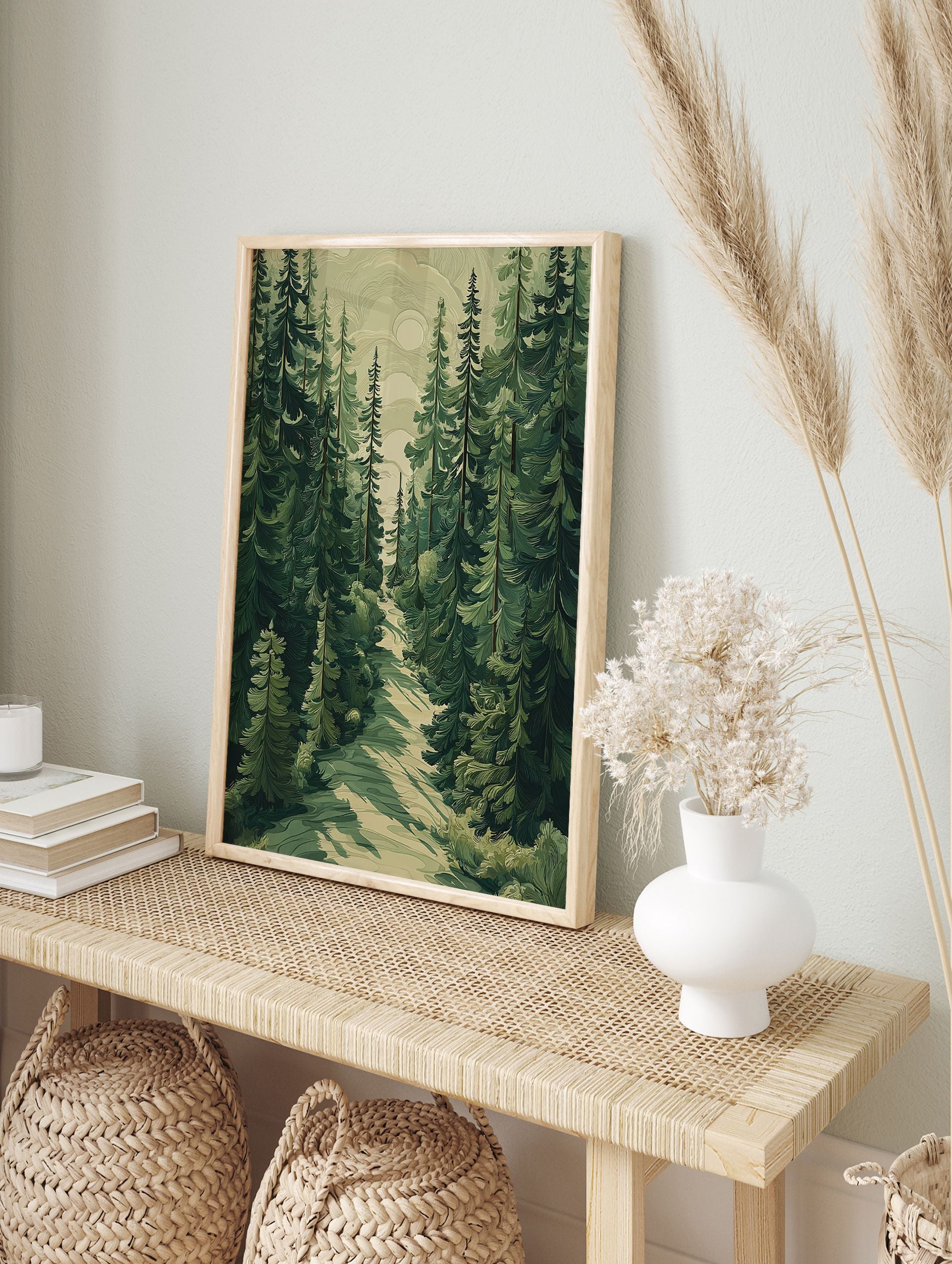 Poster of a stylized green pine forest with a winding path and a soft moon in the sky, illustrating a serene woodland scene. - Image 4