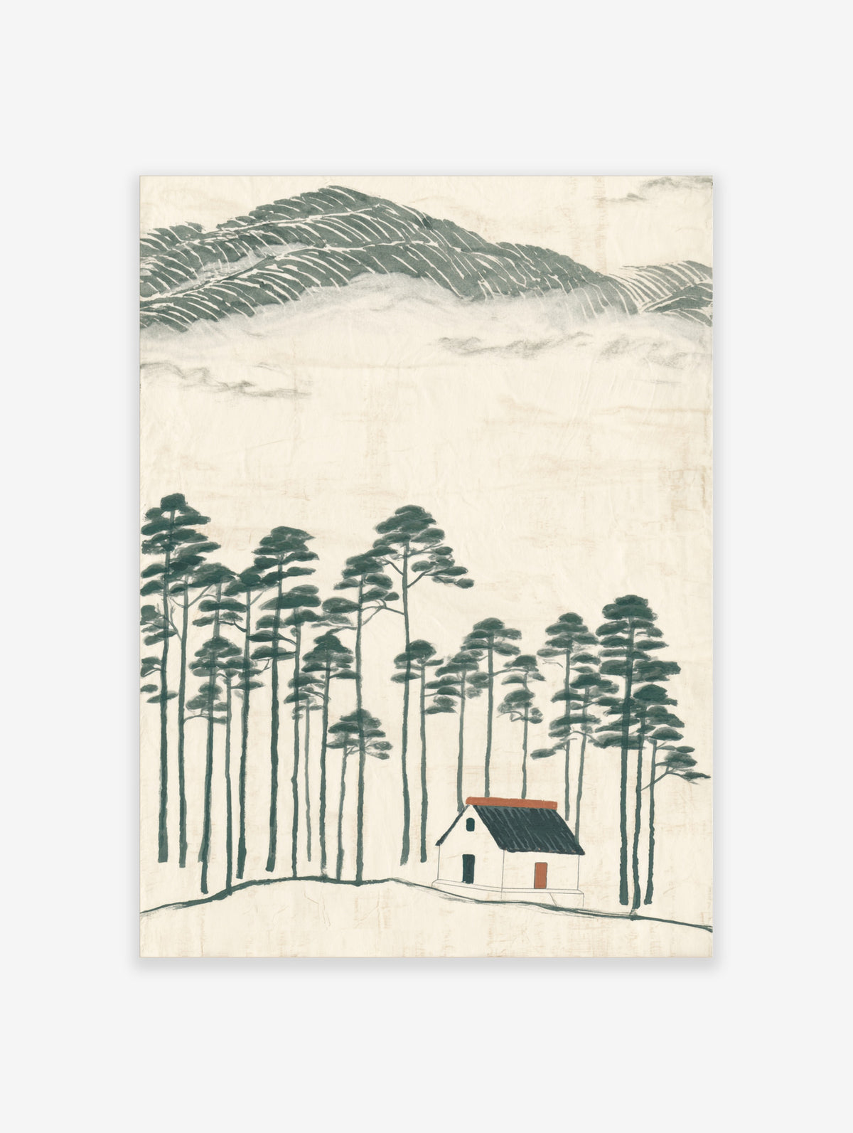 Minimalist pine forest landscape print with small house and mountains in green and beige