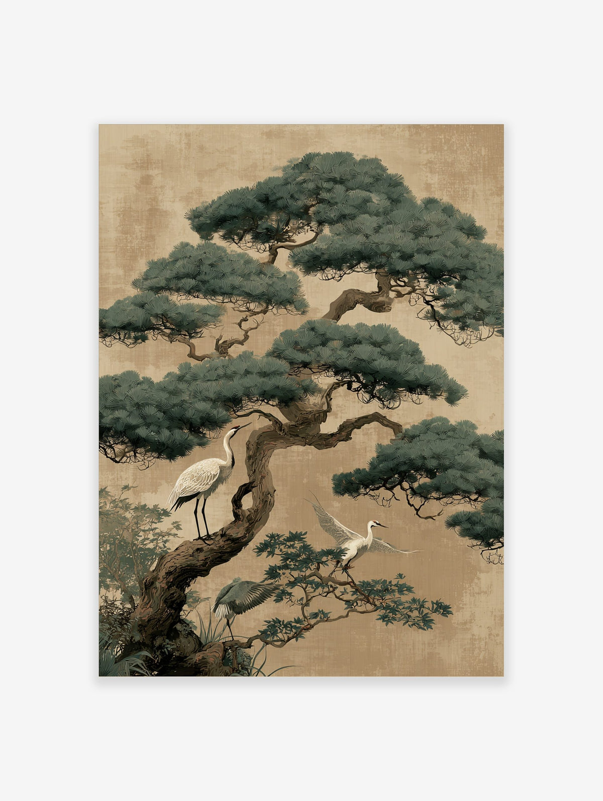 Illustrative print of a large pine tree with white and grey cranes on branches against a textured beige background