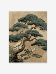 Illustrative print of a large pine tree with white and grey cranes on branches against a textured beige background
